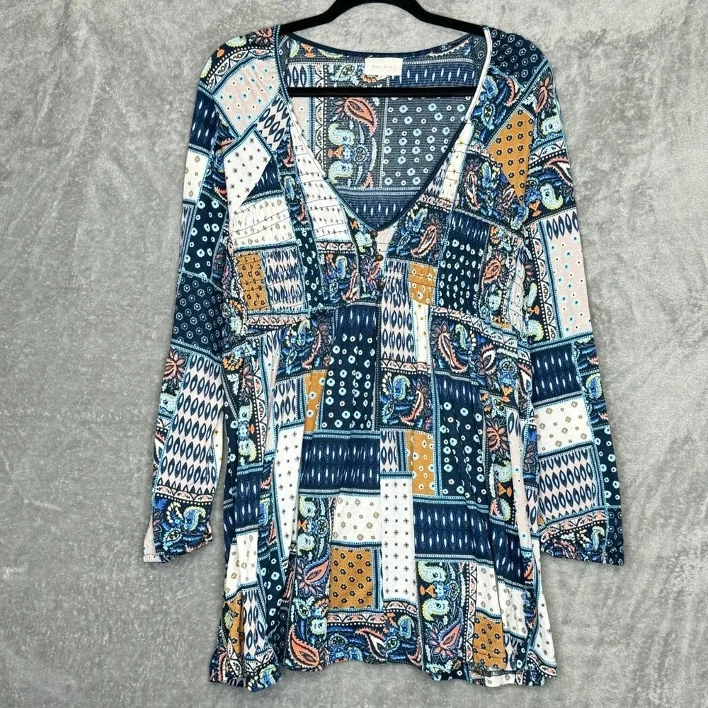 Melloday XL Shirt Top Blue Geometric Long Sleeve V Neck Stretch‎ Babydoll Womens